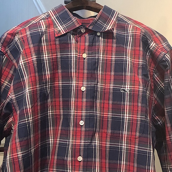 VINEYARD VINES Navy Red Plaid Button Down Shirt w Button Collar & Cuffs Sz LARGE - Picture 11 of 12